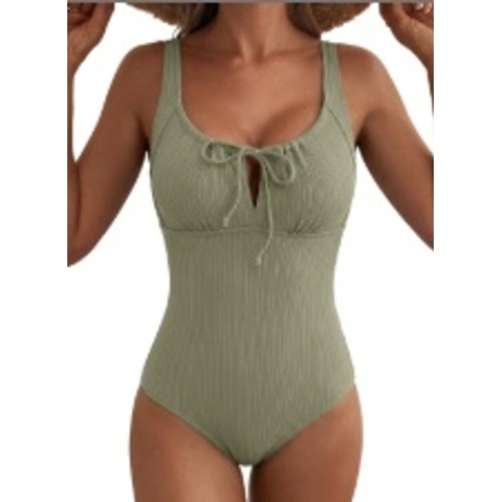 Sage Green Ribbed Tie Front One Piece Swimsuit Adjustable Straps